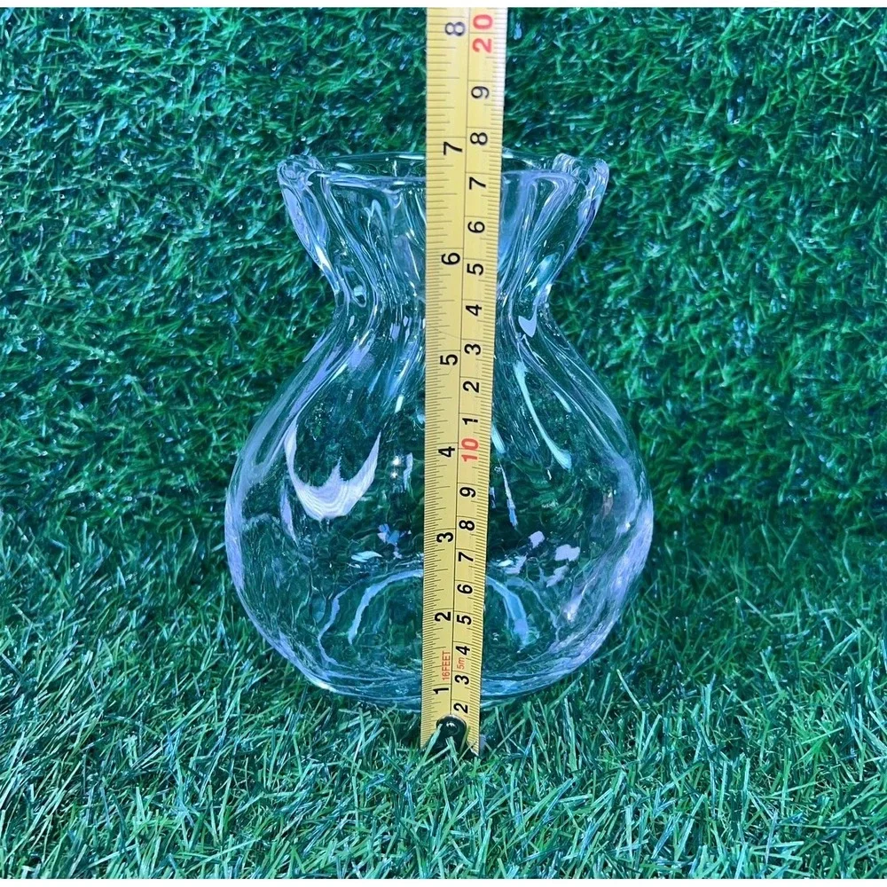 Clear Glass Drawstring Bag Pouch Vase Ruffled Rim Ribbed Texture 7in
